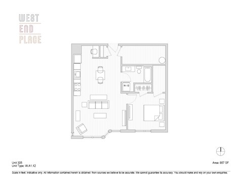 Floor plan for 1 bed, 1 bath, 857 sqft